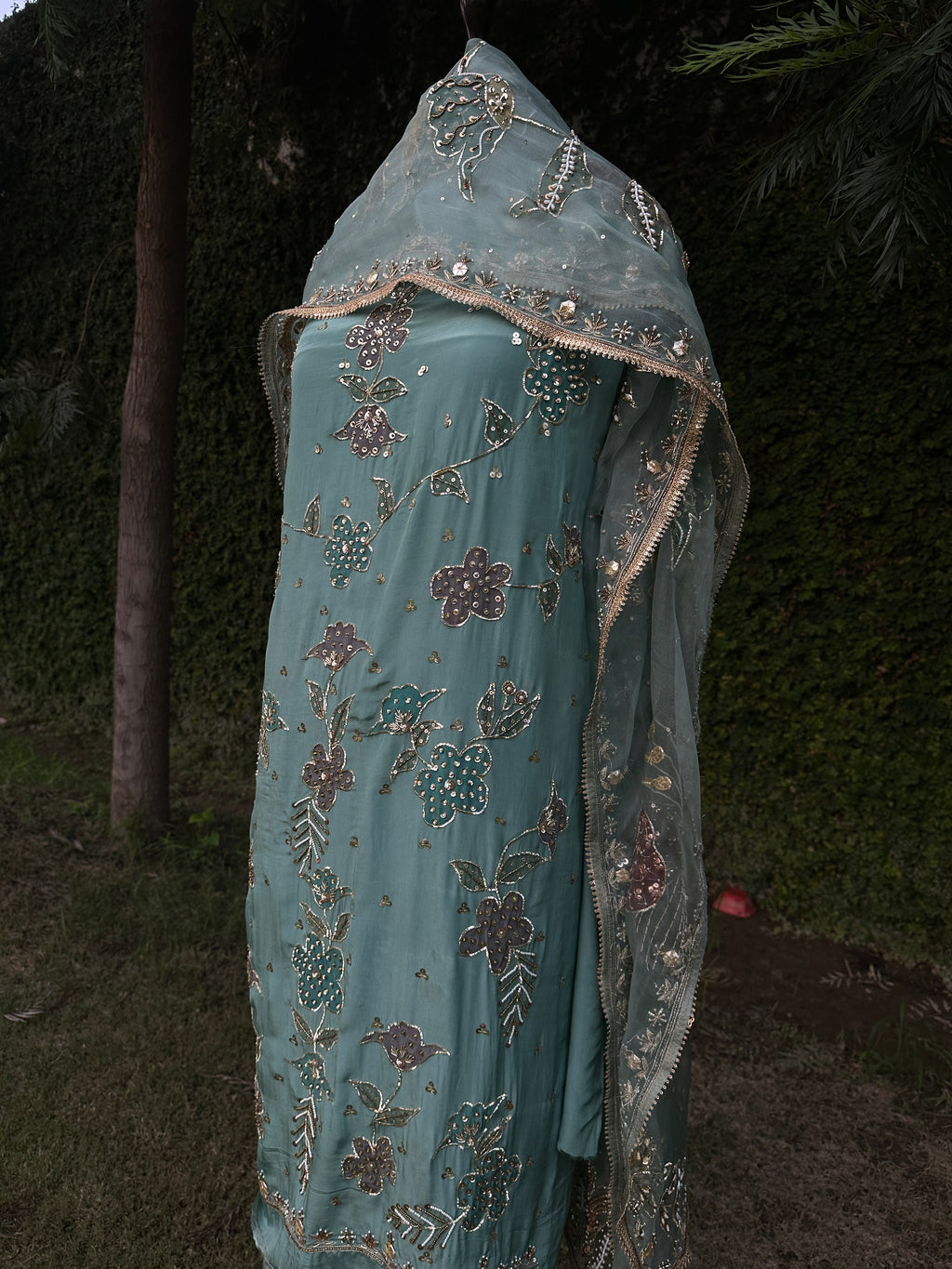 Powder Blue Silkpainted Embellished 3 piece Unstitched suit