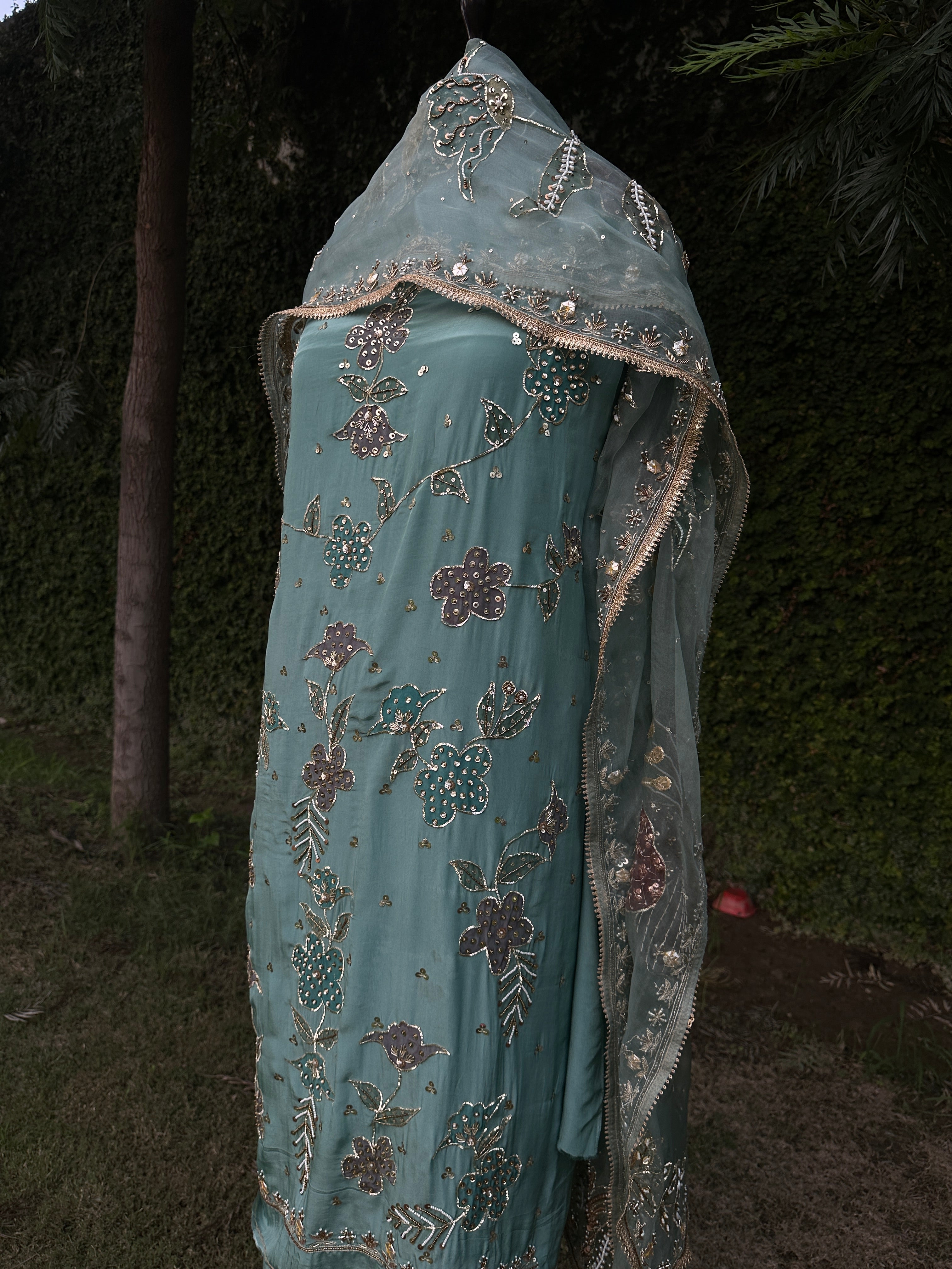 Powder Blue Silkpainted Embellished 3 piece Unstitched suit