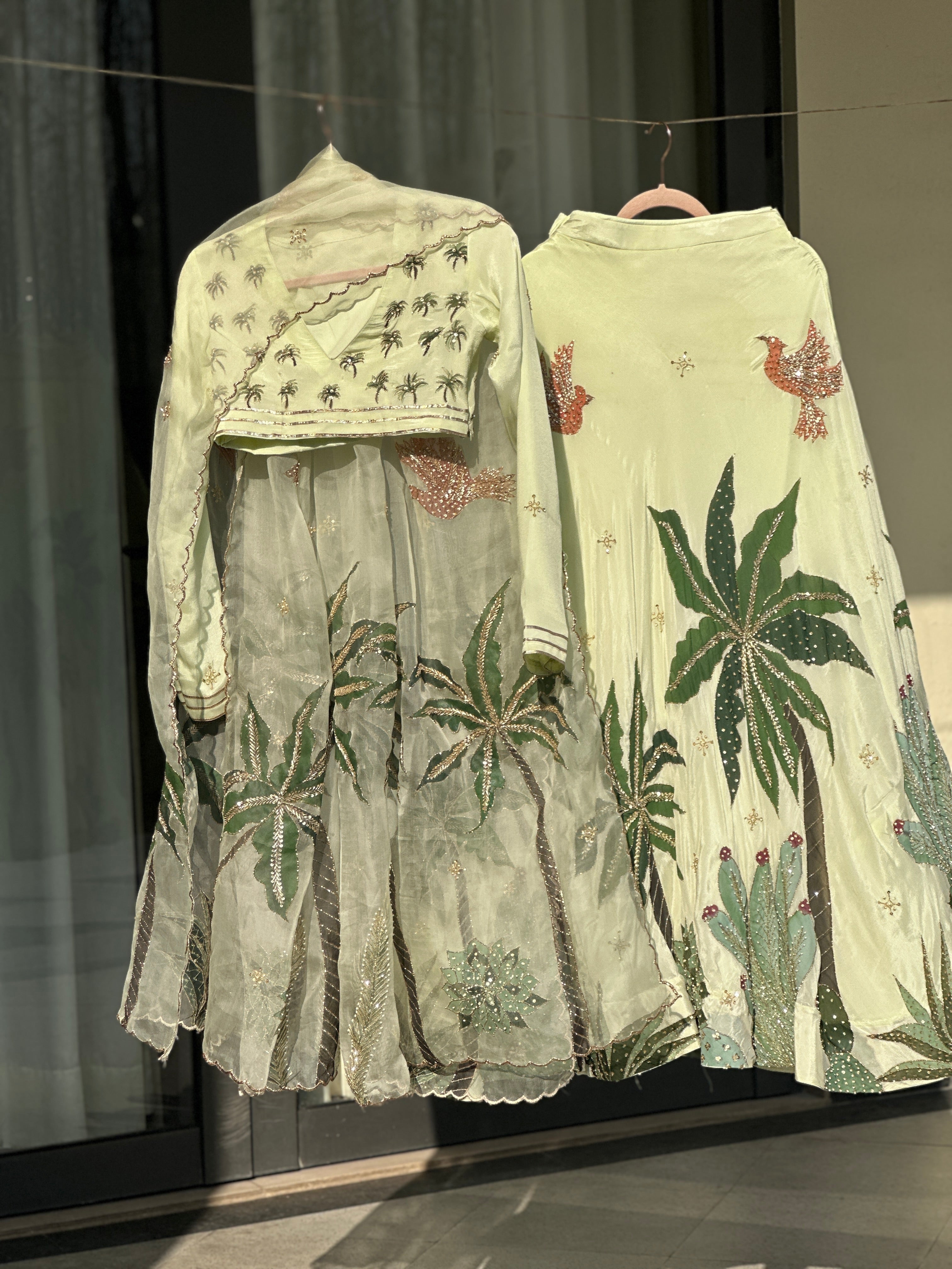 Palmé Handpainted Chiffon lehenga and blouse with Silkpainted organza dupatta