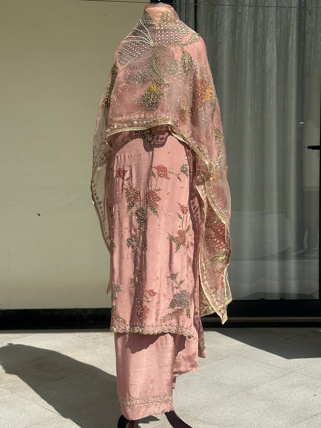 Dusty Rose Silkpainted 3 piece unstitched suit
