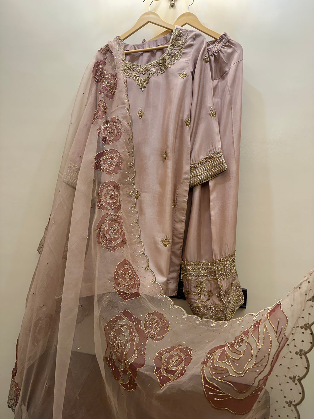 Gulrukh Rose Silk Handpainted Suit