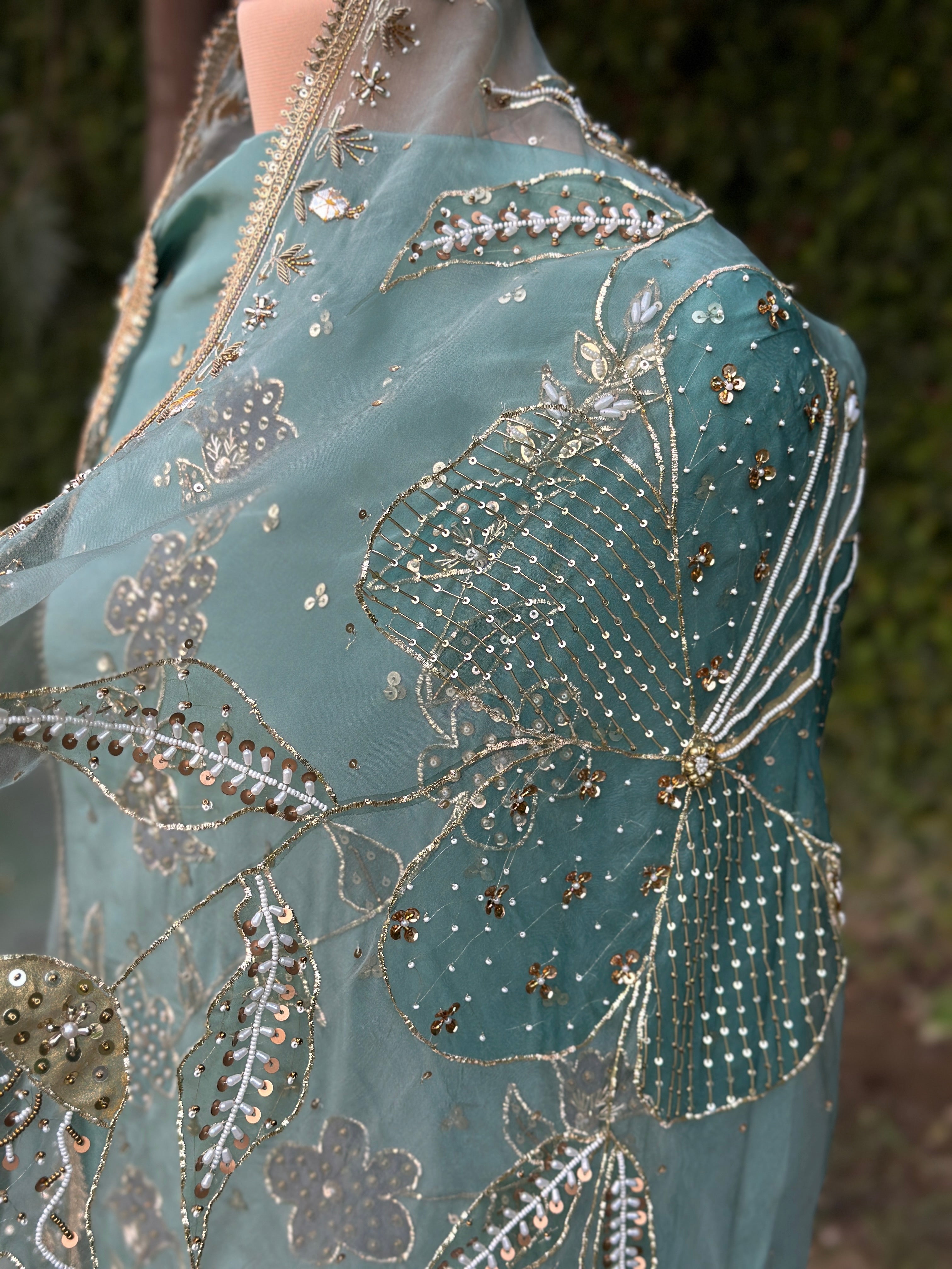 Powder Blue Silkpainted Embellished 3 piece Unstitched suit
