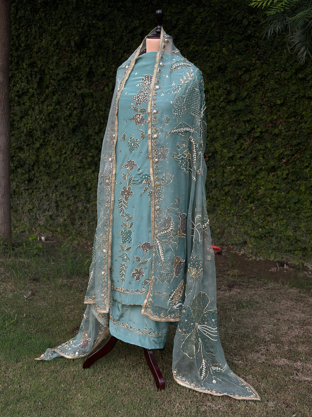 Powder Blue Silkpainted Embellished 3 piece Unstitched suit