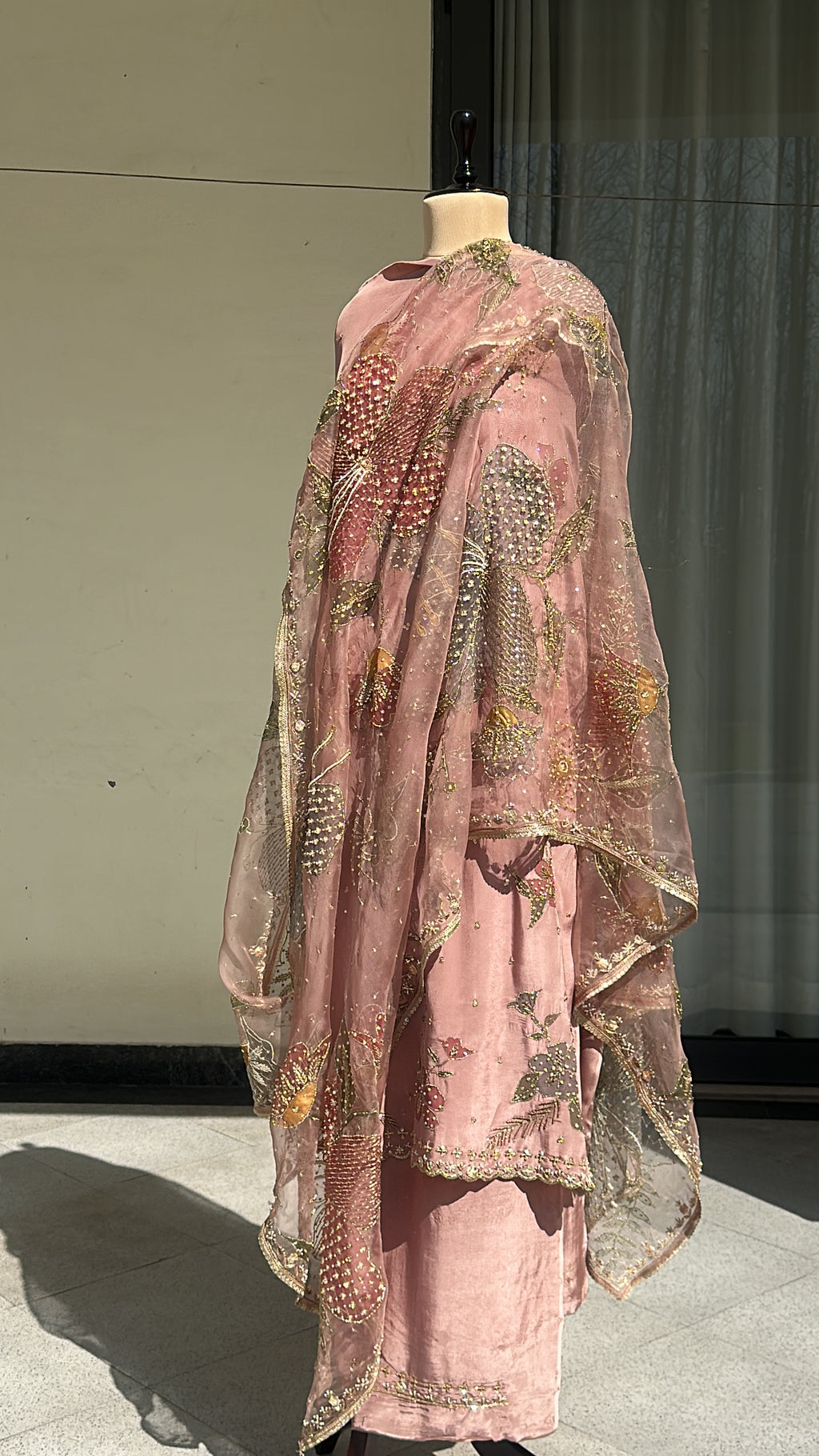 Dusty Rose Silkpainted 3 piece unstitched suit