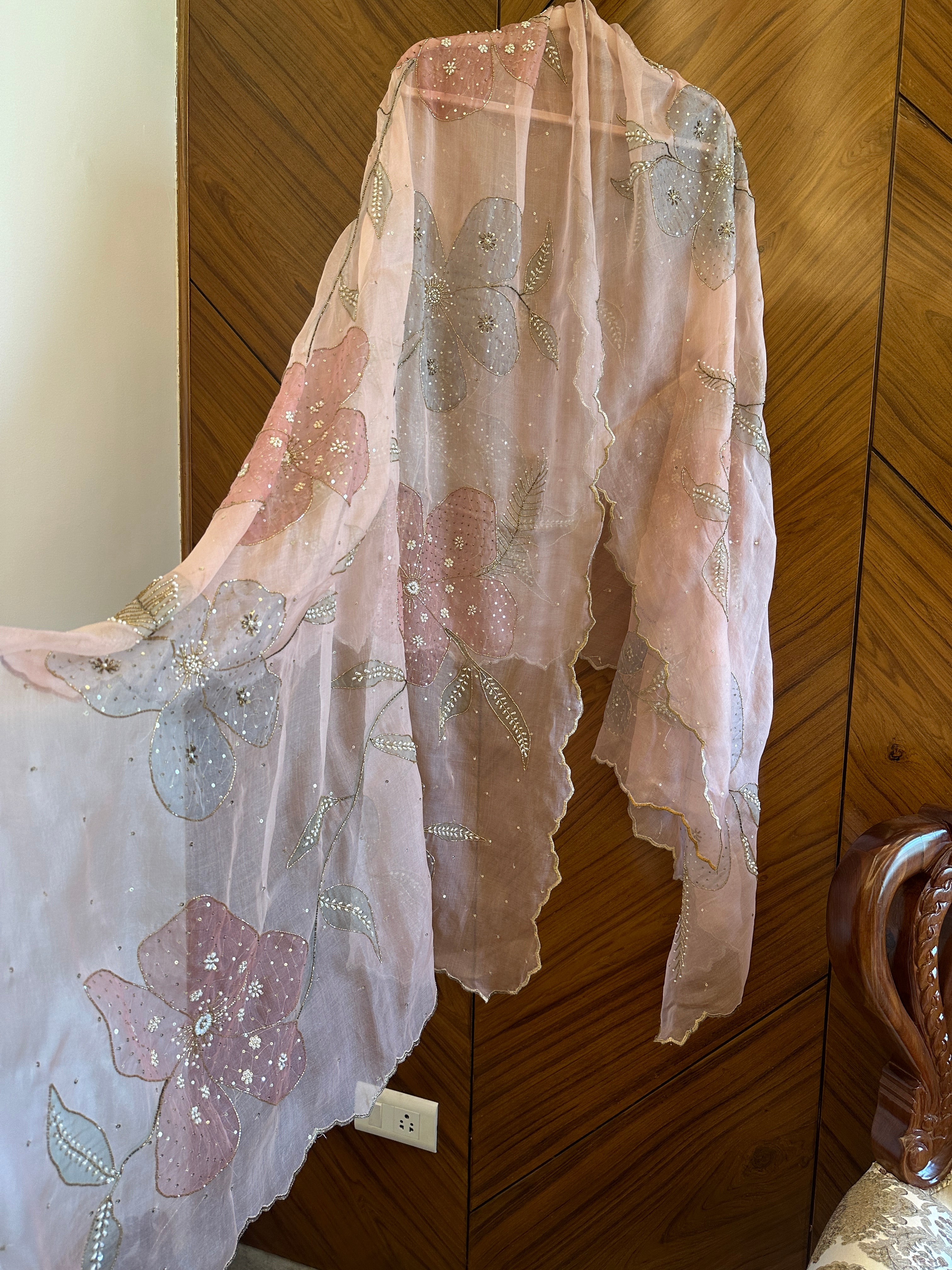 Blush Peach Silkpainted Pure organza dupatta
