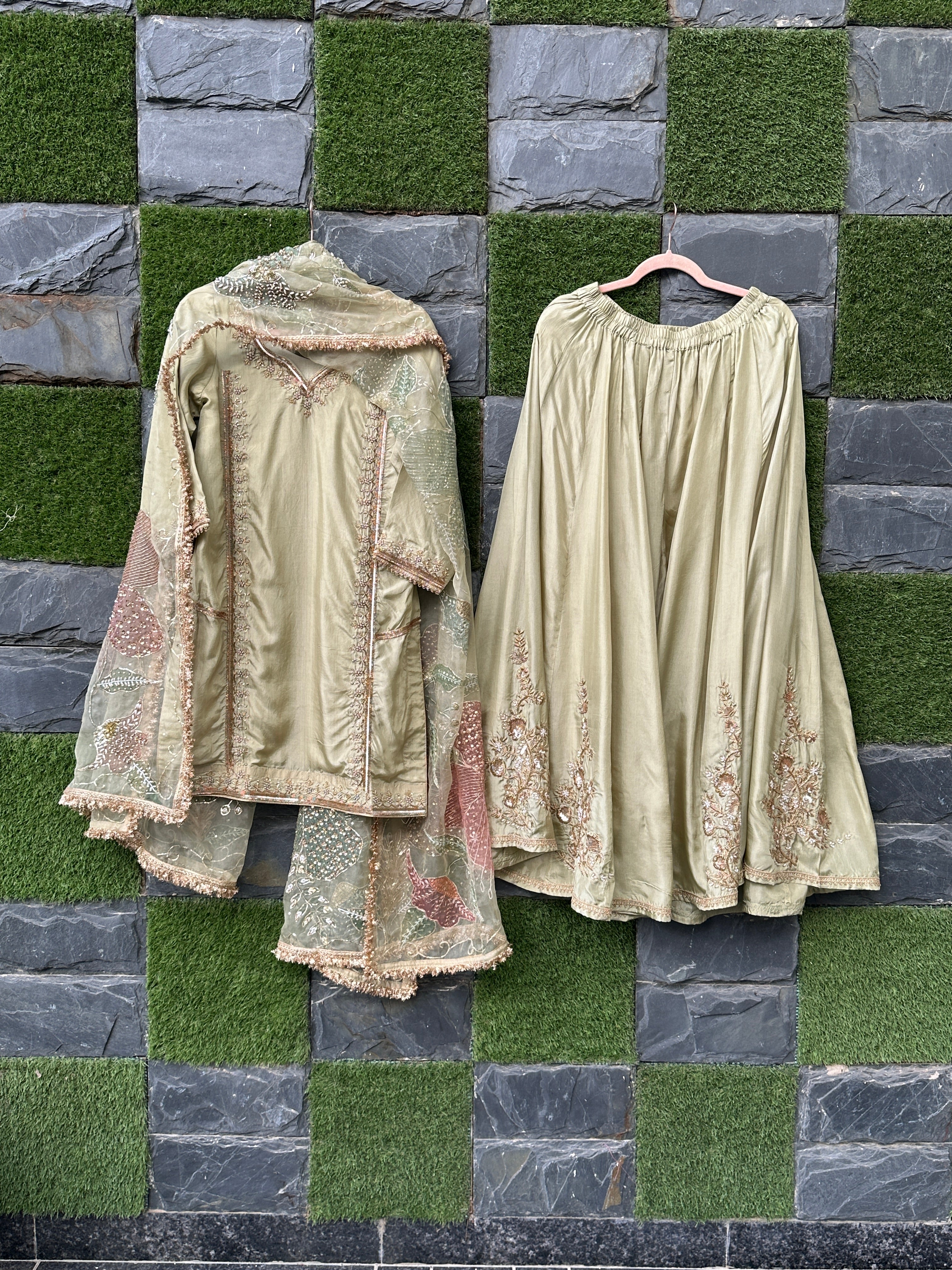 Sage green sharara 3 piece set