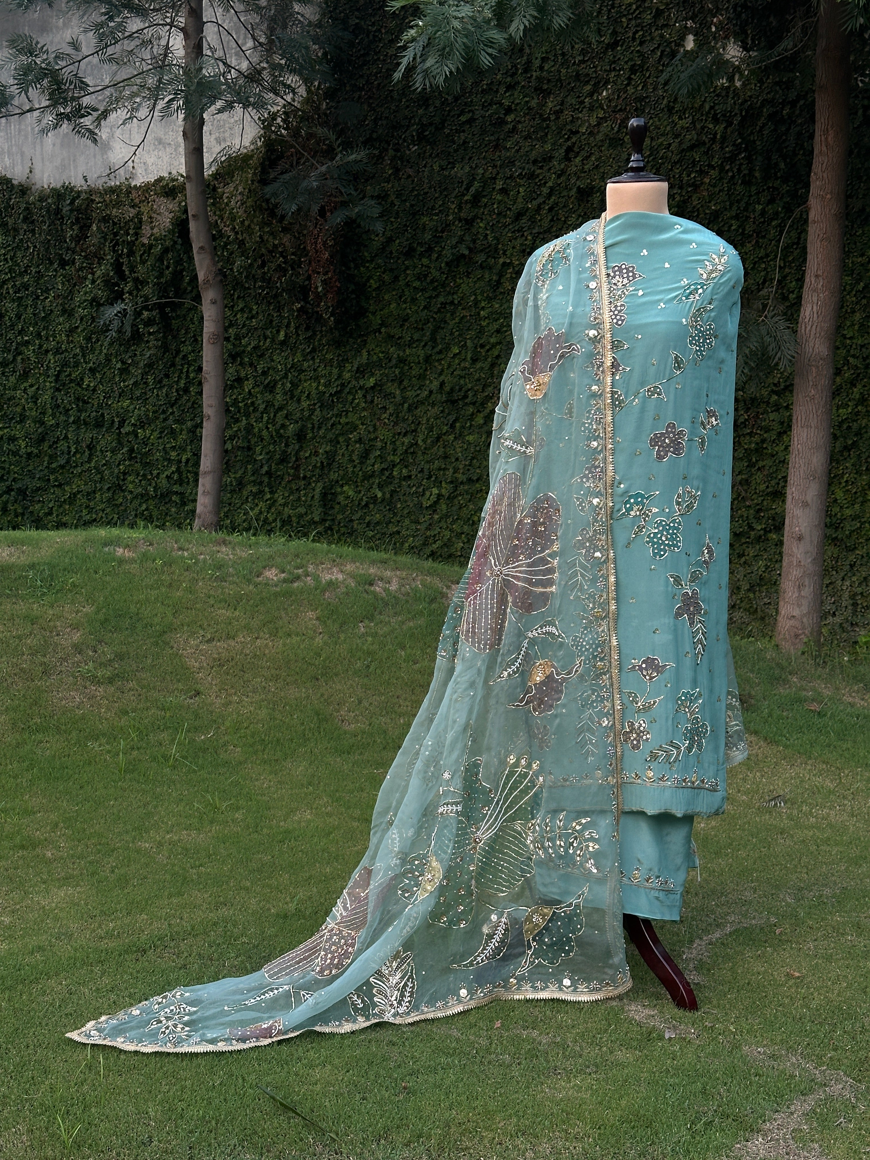 Powder Blue Silkpainted Embellished 3 piece Unstitched suit