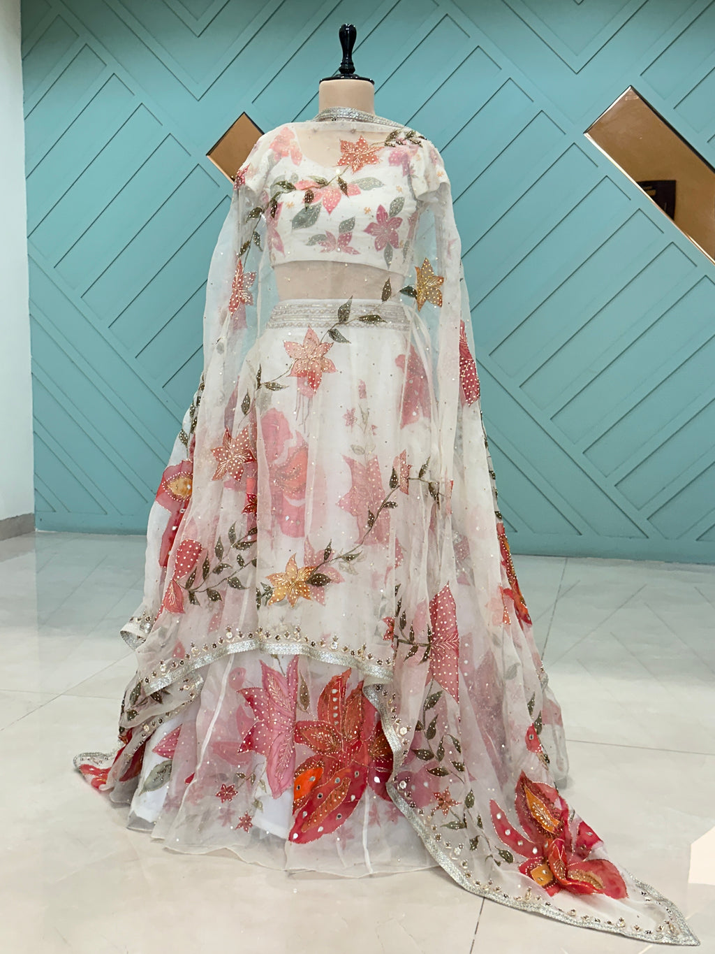 Meira Silkpainted Pure organza Lehenga blouse and dupatta set