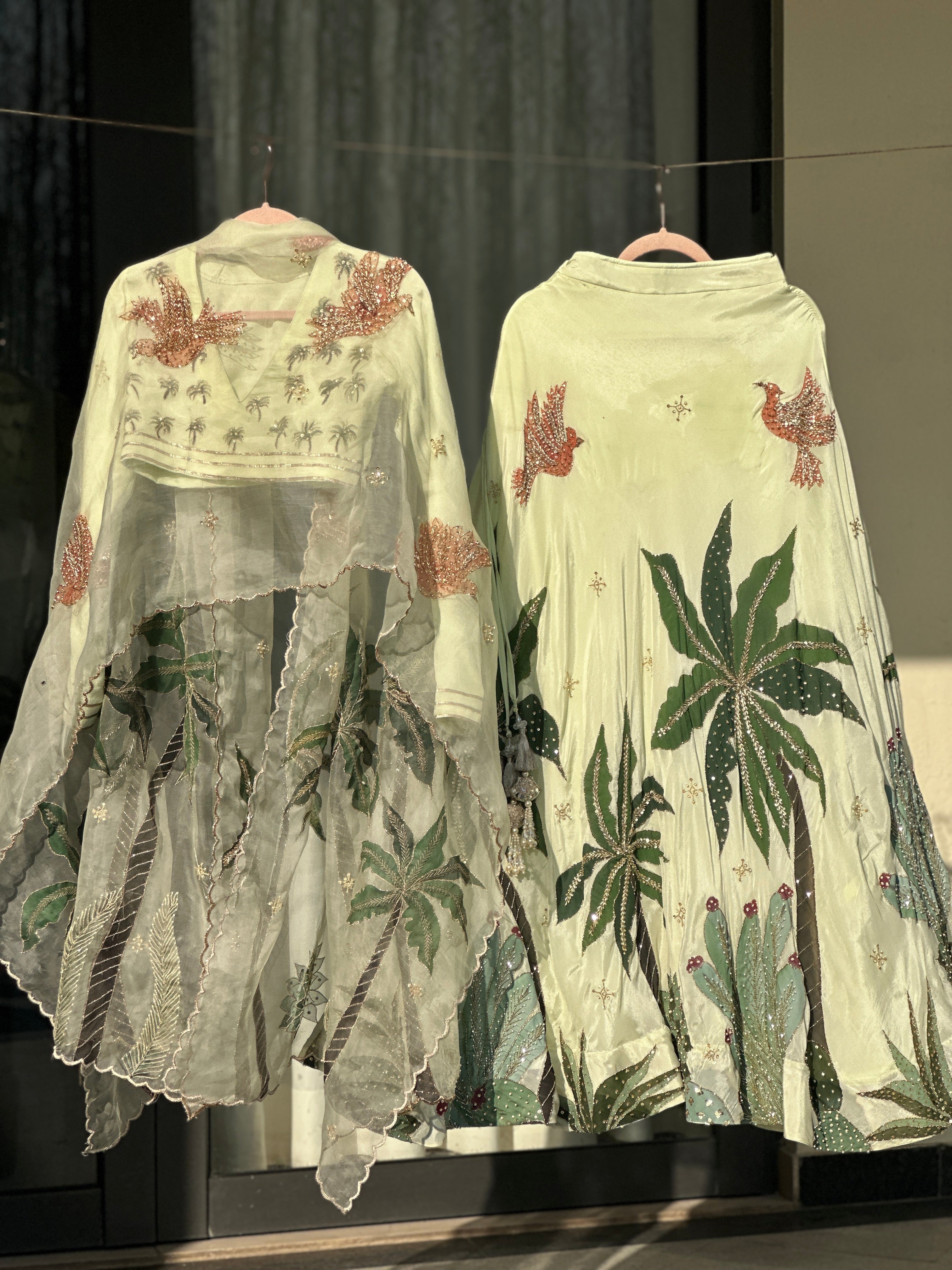 Palmé Handpainted Chiffon lehenga and blouse with Silkpainted organza dupatta