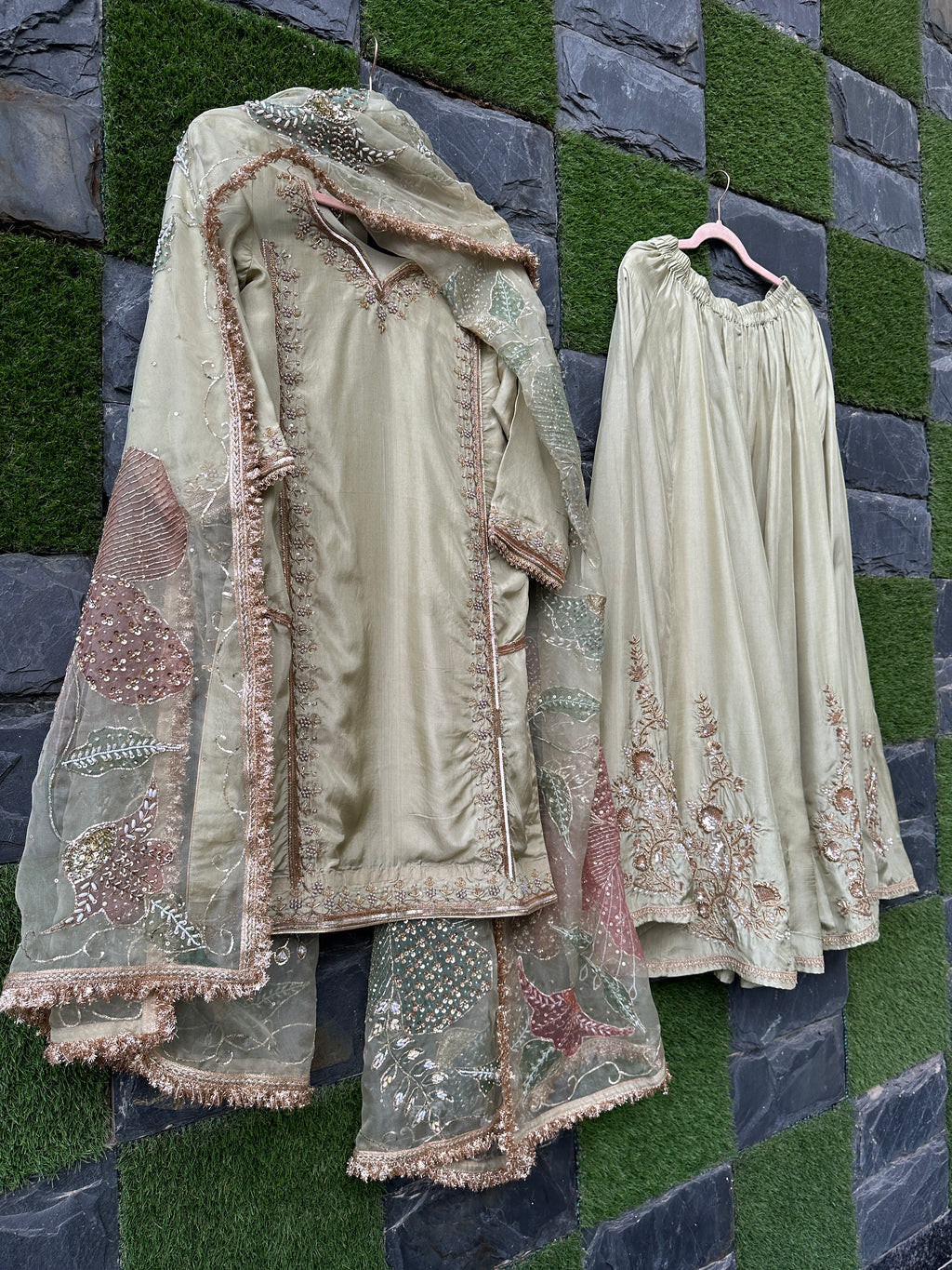 Sage green sharara 3 piece set
