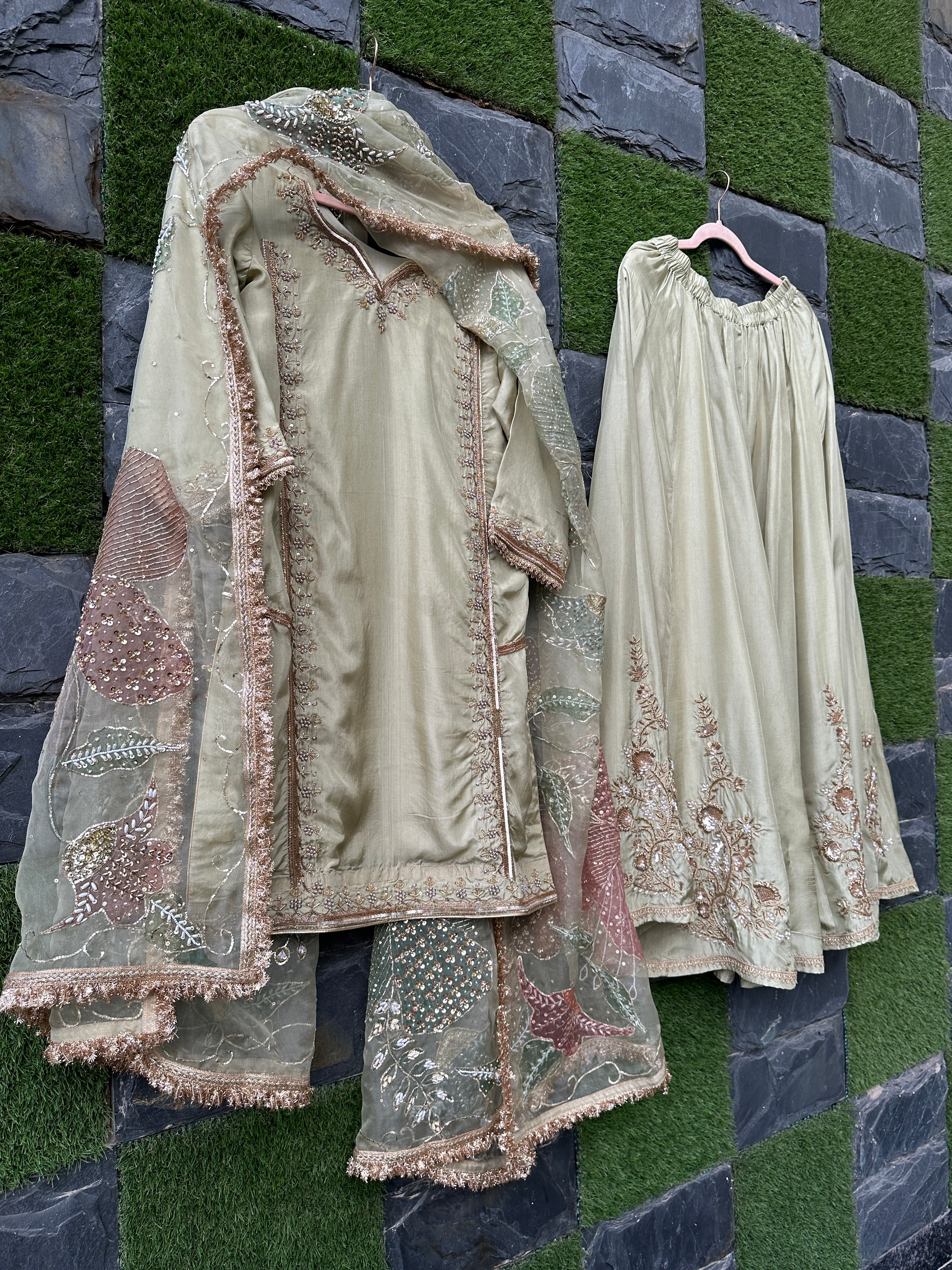 Sage green sharara 3 piece set