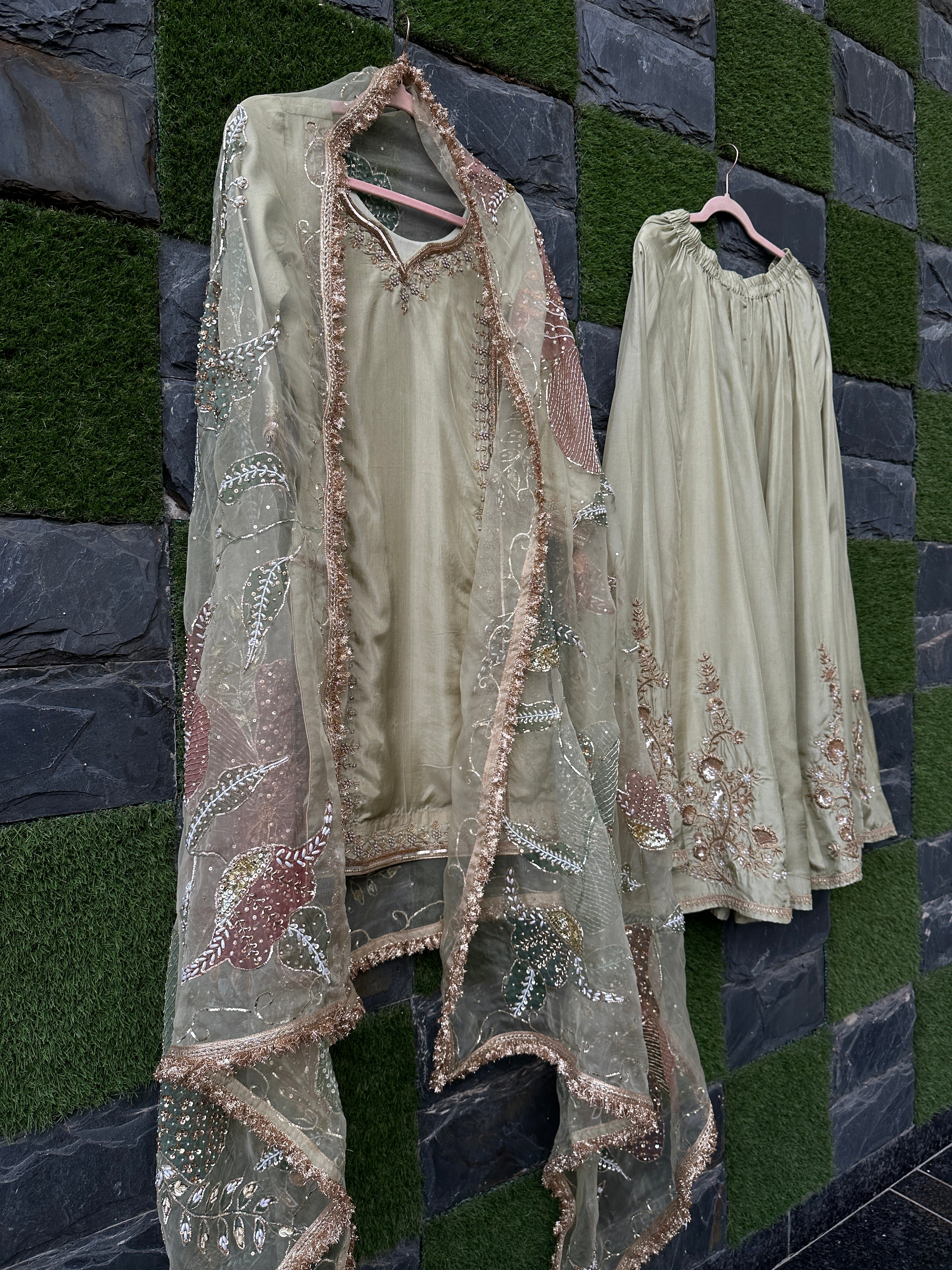 Sage green sharara 3 piece set