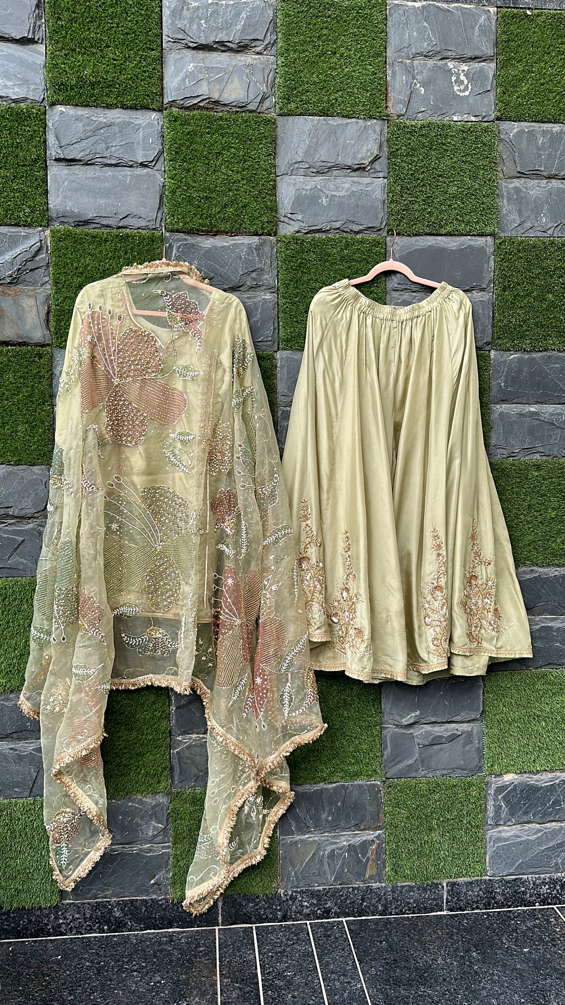 Sage green sharara 3 piece set