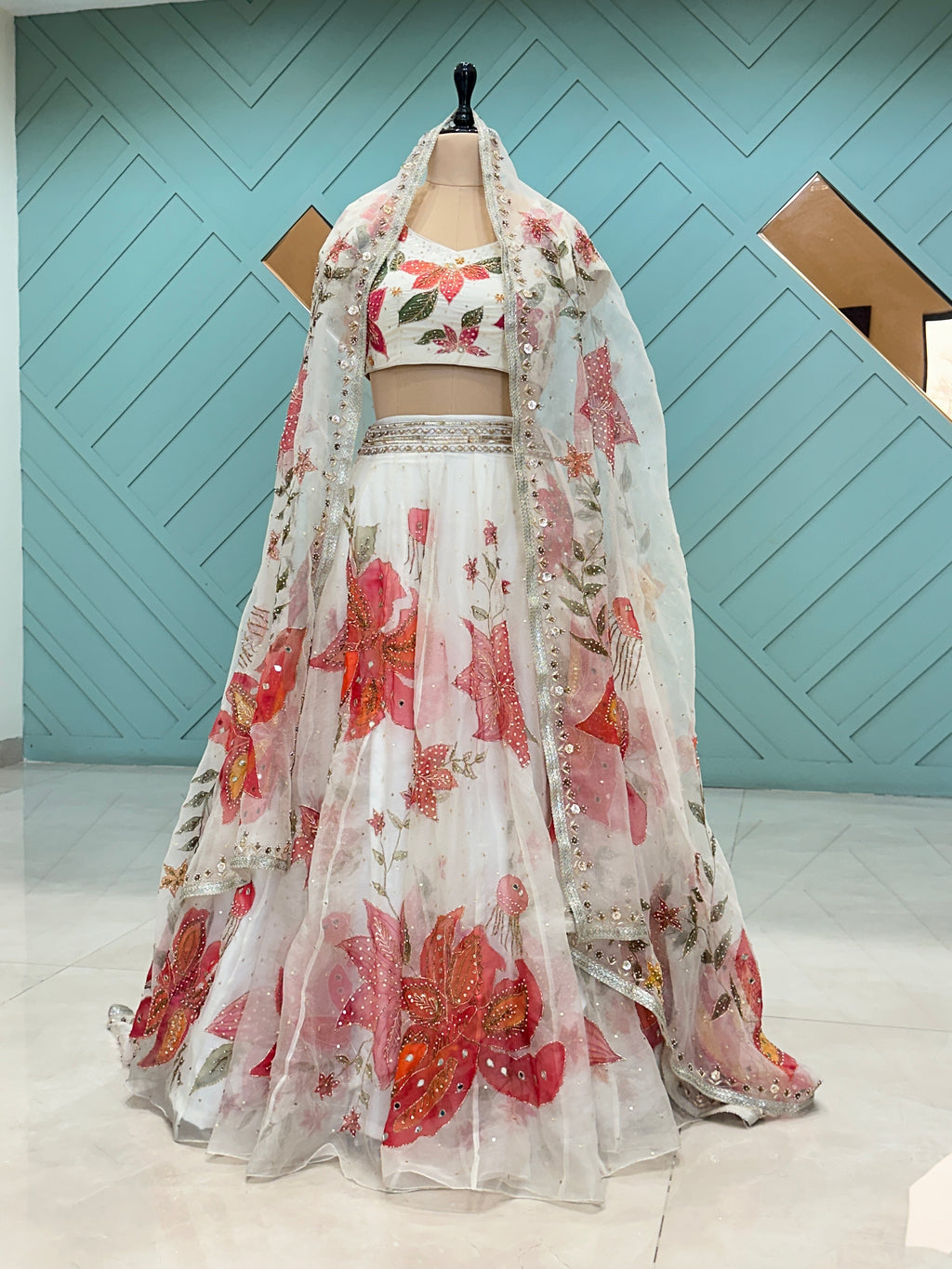 Meira Silkpainted Pure organza Lehenga blouse and dupatta set